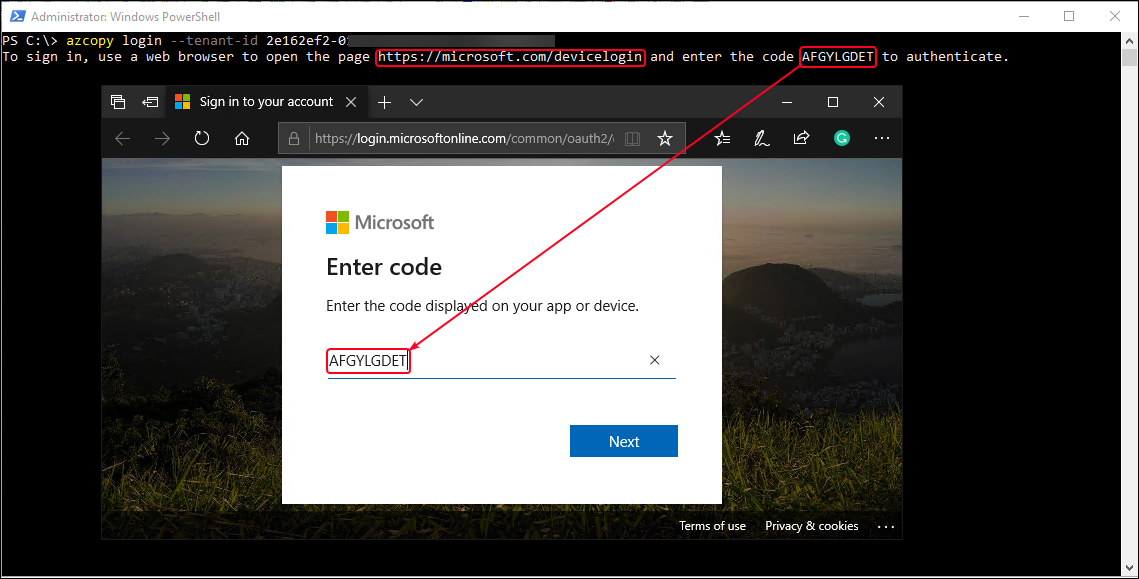 Enter the code from AzCopy into the browser
