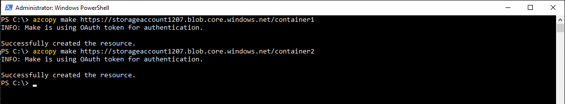 Creating new containers in the storageaccount1207 storage account