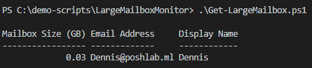 Result showing mailbox whose size is equal to or greater than the threshold.
