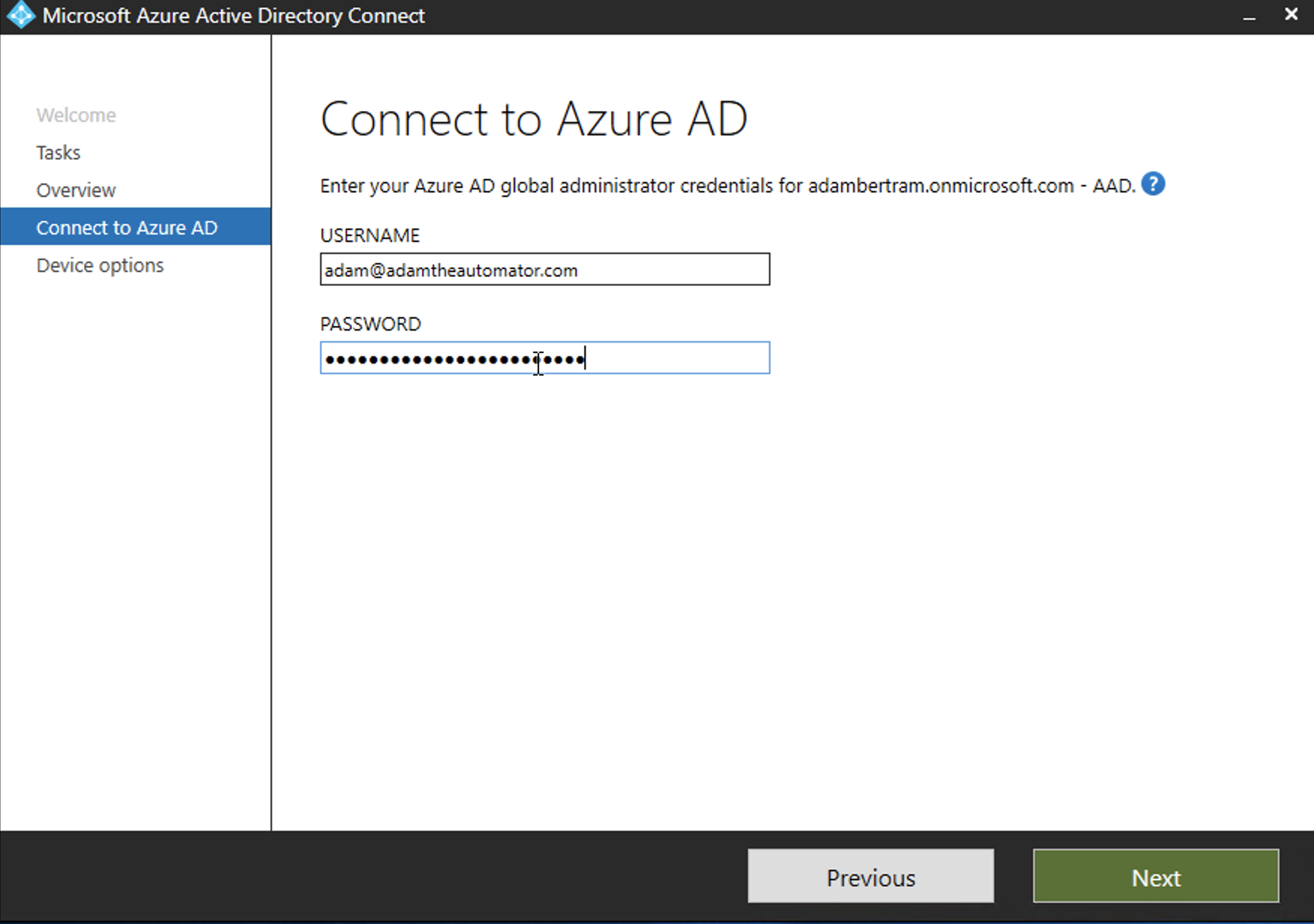 Adding username to connect to Azure AD