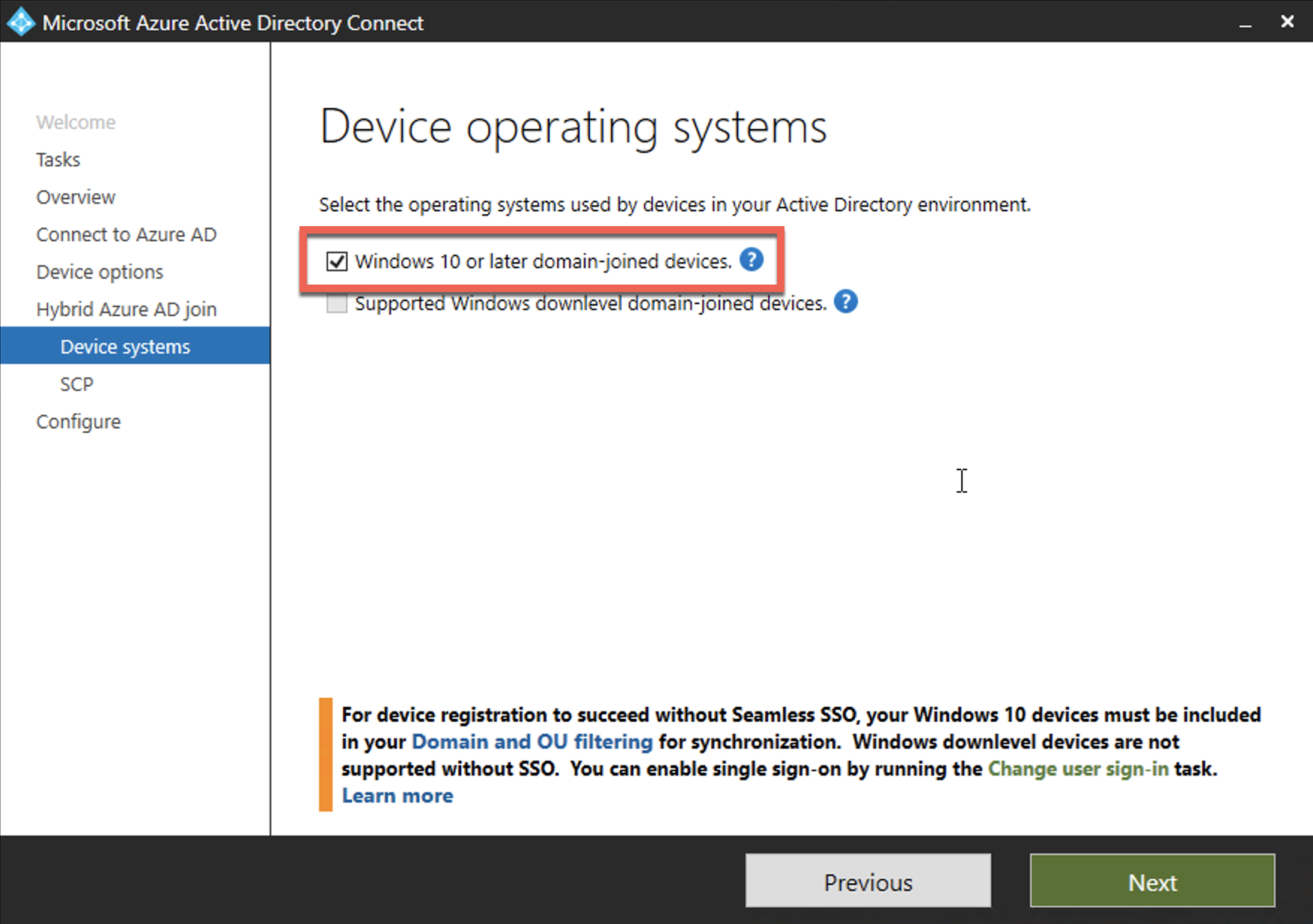 Checking Windows 10 or later domain-joined devices option