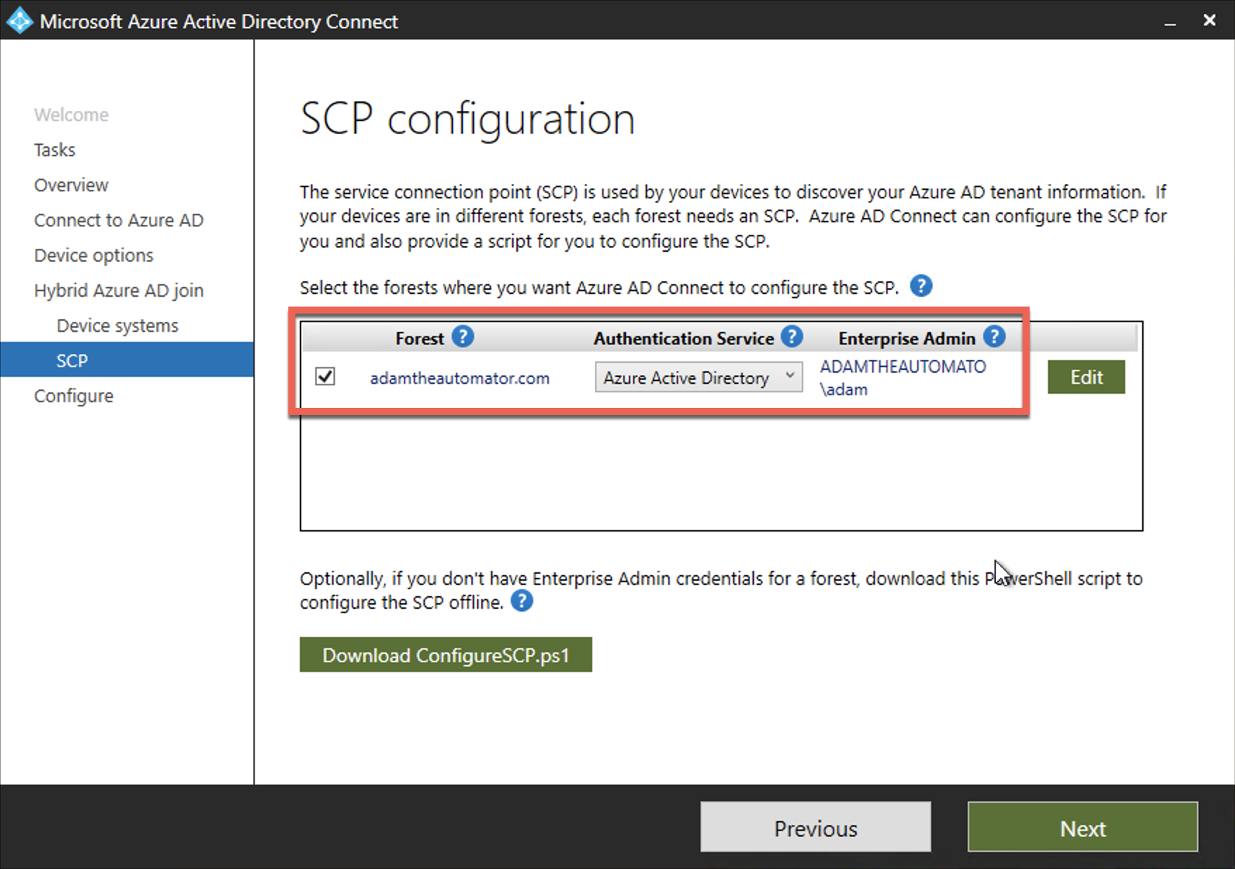 SCP configuration task