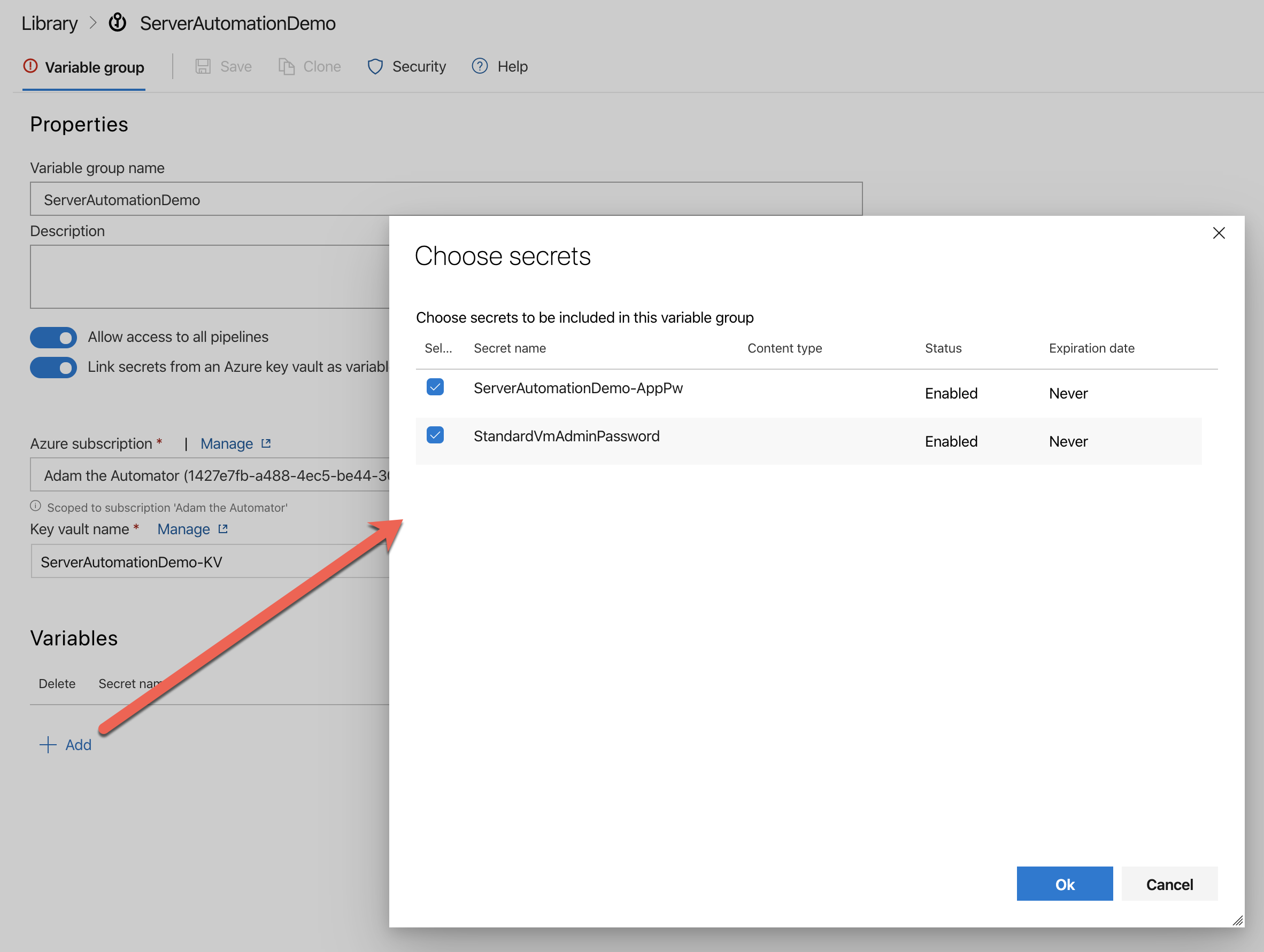 Selecting keyvault secrets for the pipeline to use