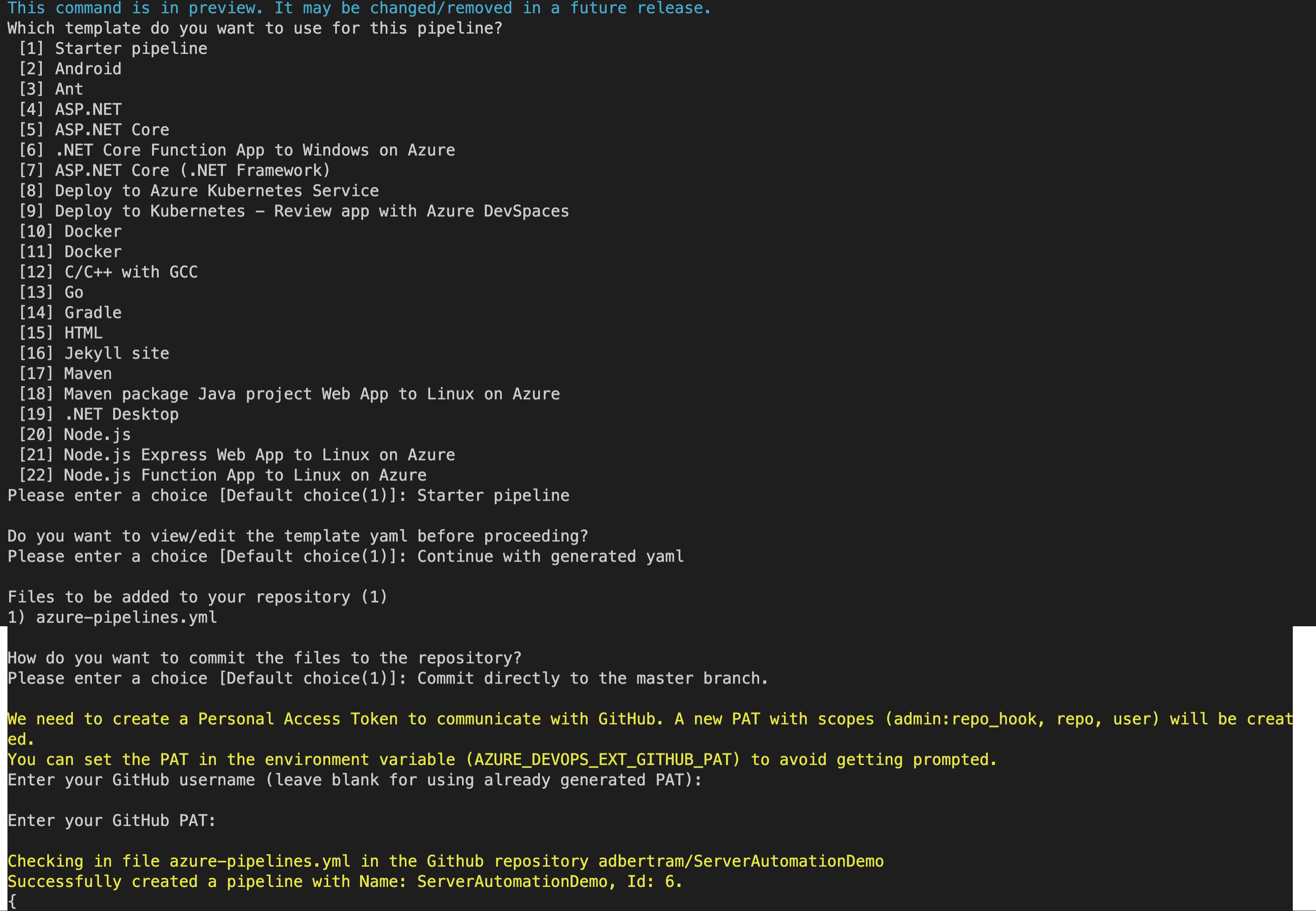 Creating the Azure DevOps pipeline with the Azure CLI
