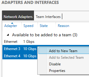 Add to New Team option in Server Manager