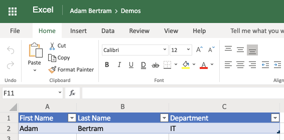 Excel document will contain a row containing an example employee with the department