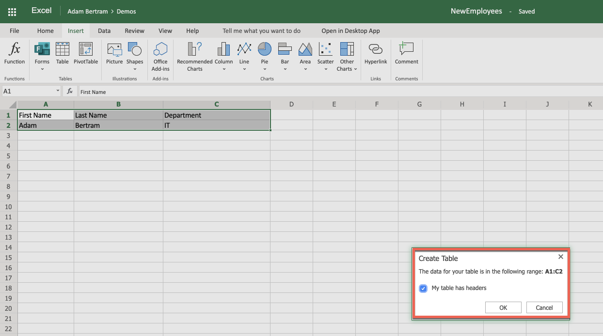 Creating an Excel table