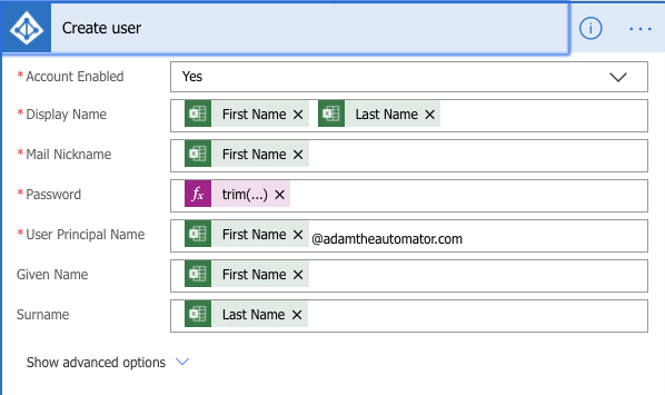 Create user Microsoft PowerAutomate task