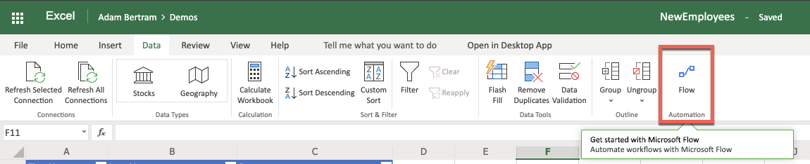 The flow menu item in Excel