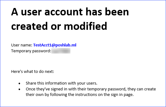 User account details in an email message