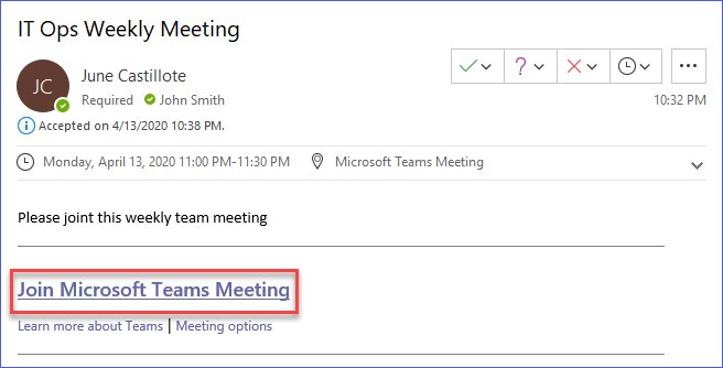 Email invite containing the link to the Microsoft Teams meeting