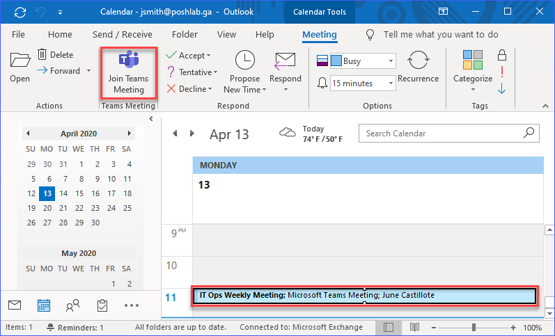 Team Meeting Invite in Outlook Calendar