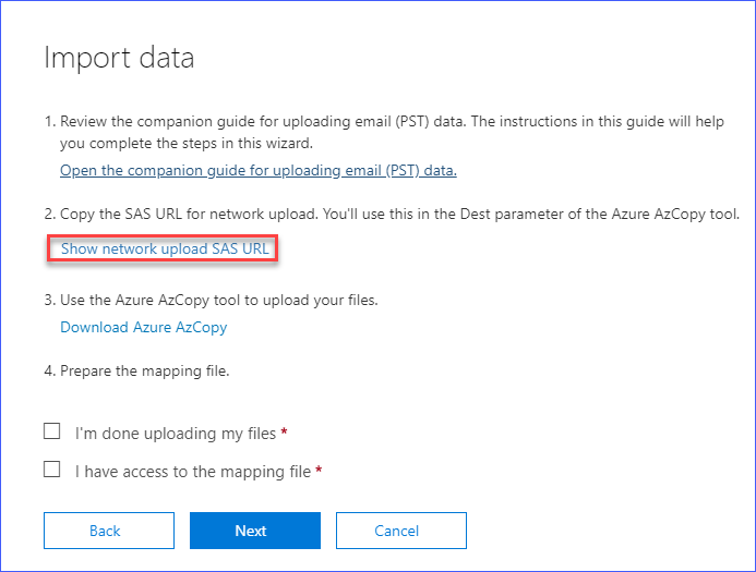 Click to show the network upload SAS URL