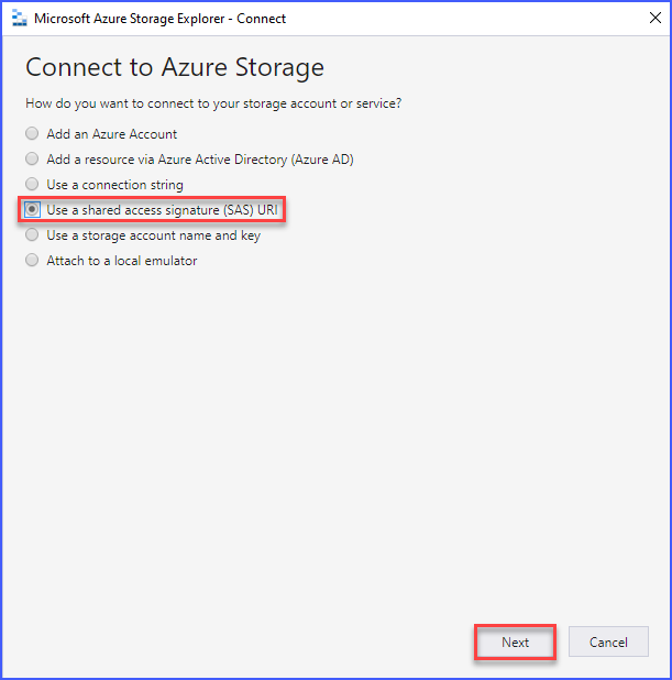 Select Use a shared access signature (SAS) URI