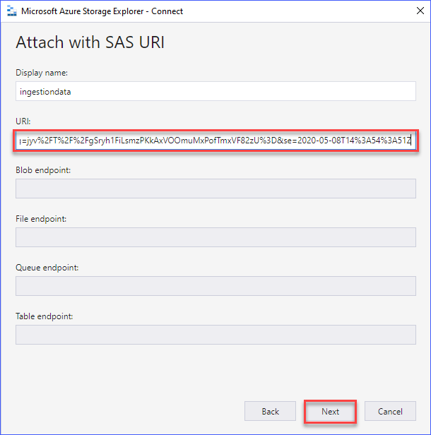 Enter the SAS URI in the URI box