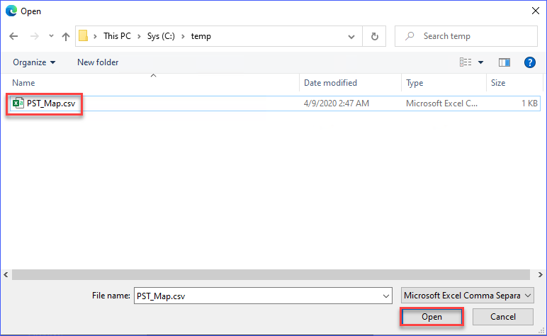 Select the PST mapping CSV file