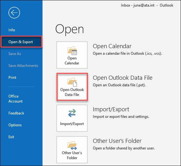 import outlook account settings pst file