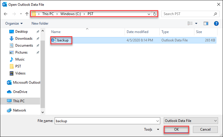Selecting the PST file to attach to the Outlook profile