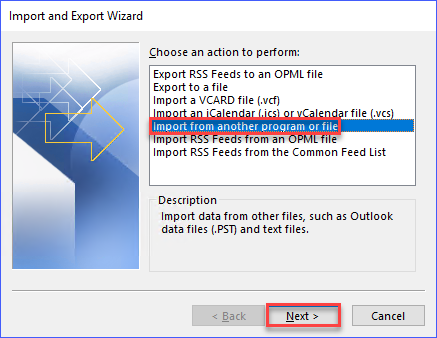 Select the option to Import from another program of file