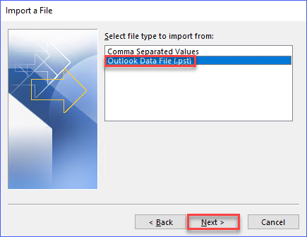 Select the option Outlook Data File (.pst)