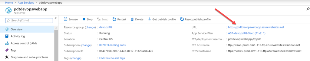Finding the Azure App Service URL in the Azure portal