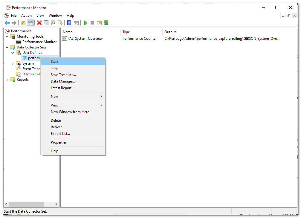 Starting a data collector set