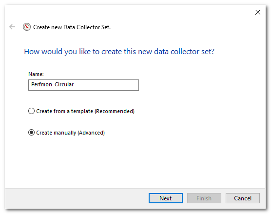 Create new data collector set dialog