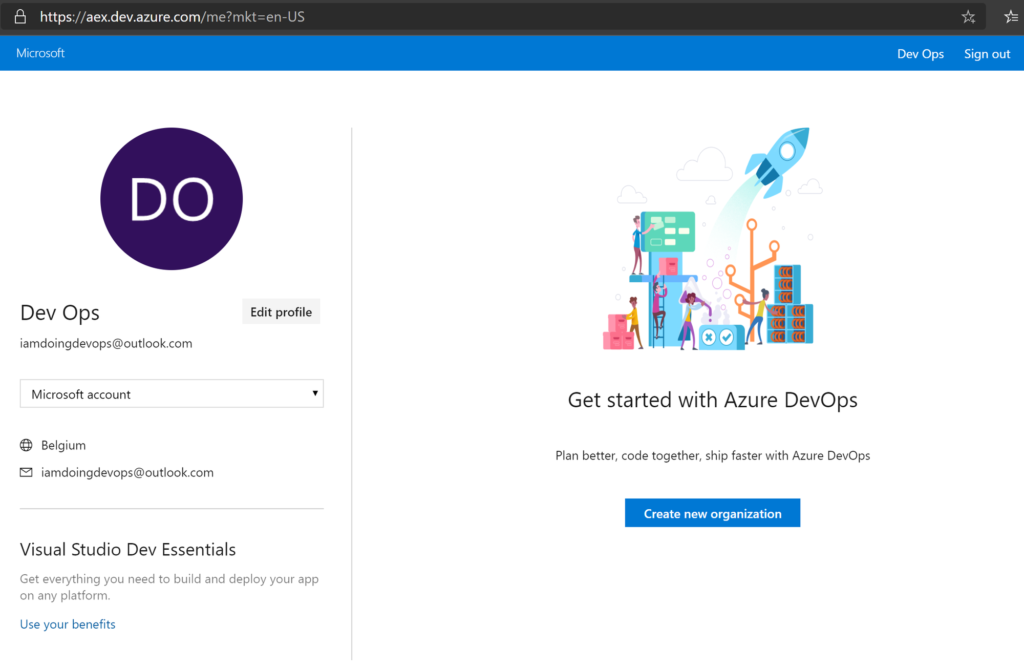 Create new Azure DevOps organization page