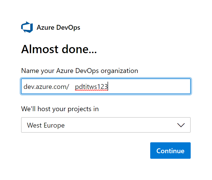 Azure DevOps organization creation page