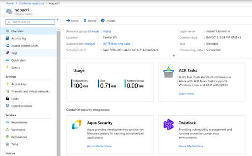 Inspecting ACR instance in Azure portal