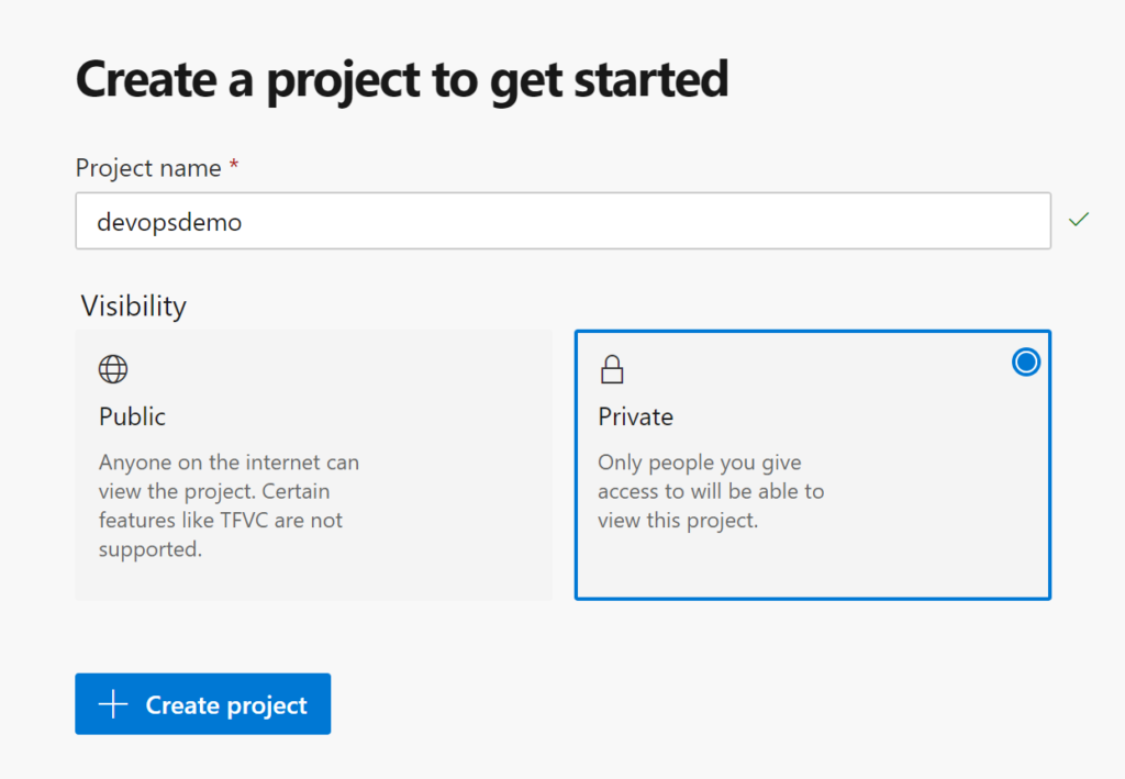 Azure DevOps project creation page