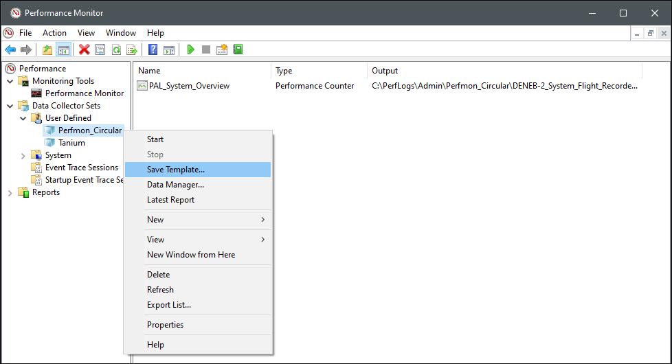 Saving the data collector set as a template
