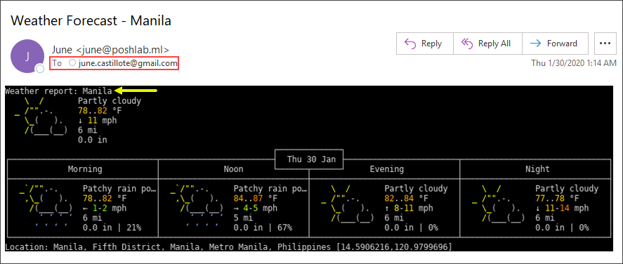 Weather forecast for Manila sent as an email to the subscriber