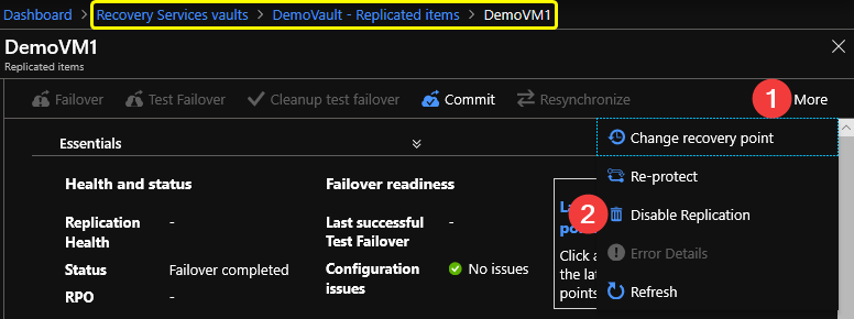 Disabling the replication for DemoVM1