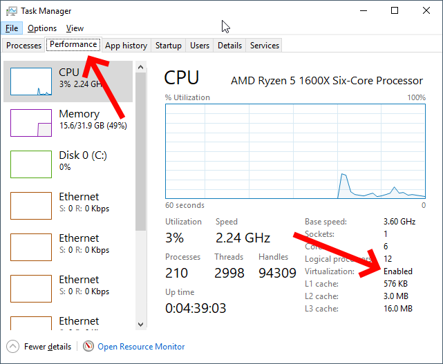 Enabled BIOS virtualization shown in Windows Task Manager