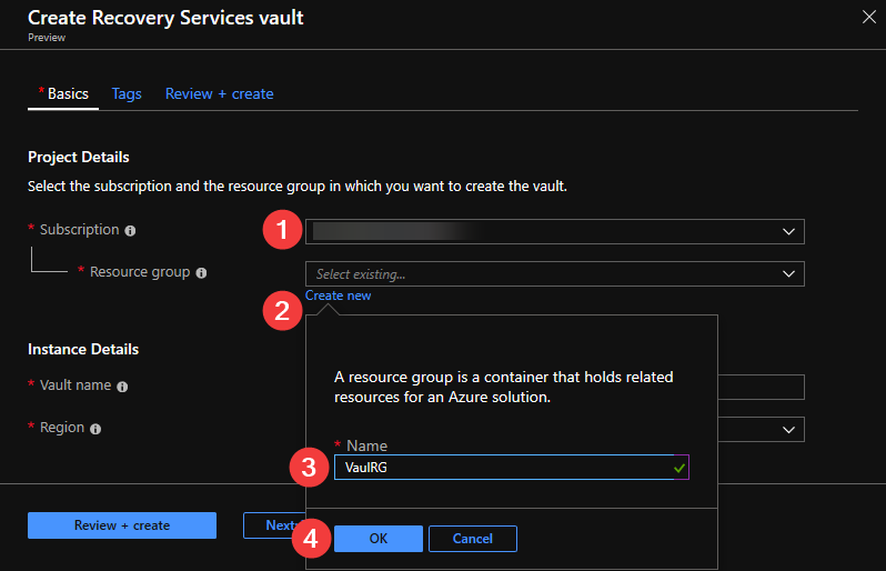 Add a new Recovery Services vault resource