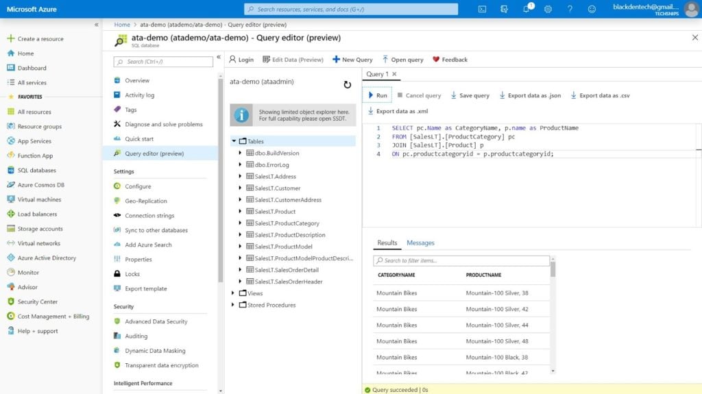 Querying the Azure SQL server database