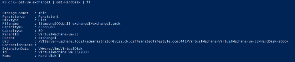 interogați informații despre hard diskul virtual atașat la exchange1 VMs