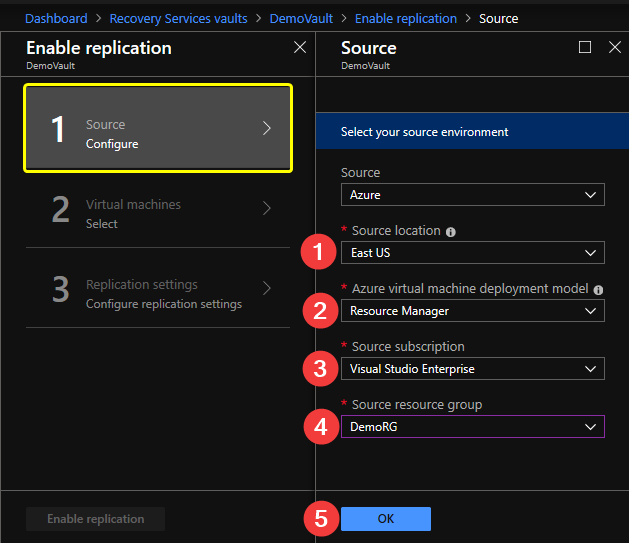 Configuring the replication source for DemoVault