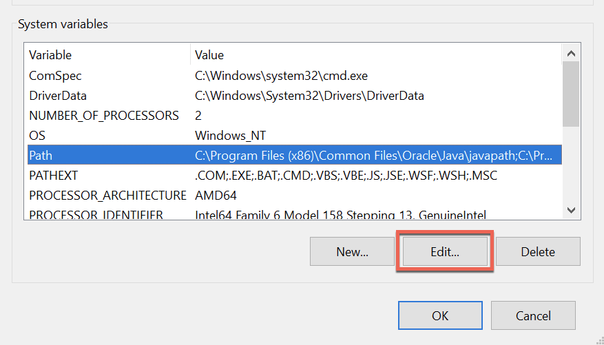 System Variables in the Environment Variables