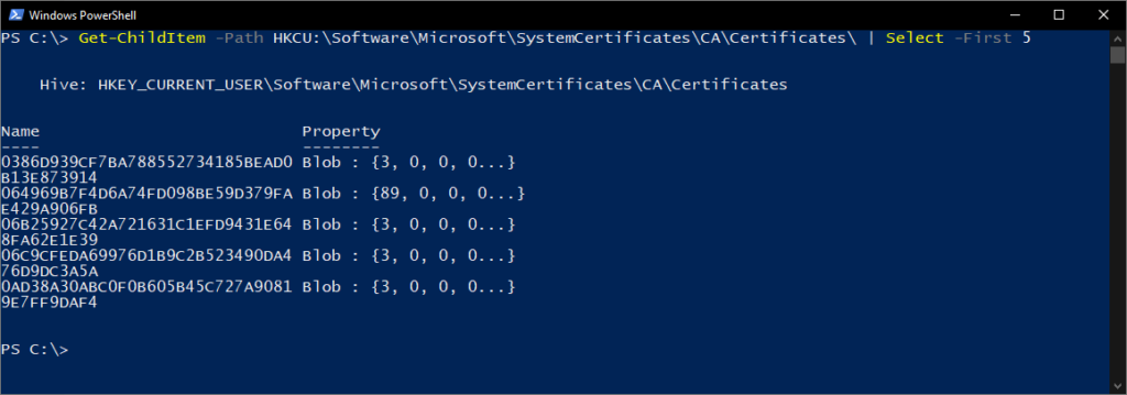 Results of the installed certificates from the example commands, limited to the first 5 entries.