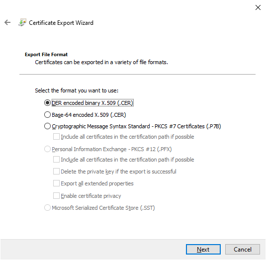 Exporting a certificate with no private key or one that is marked as not exportable.