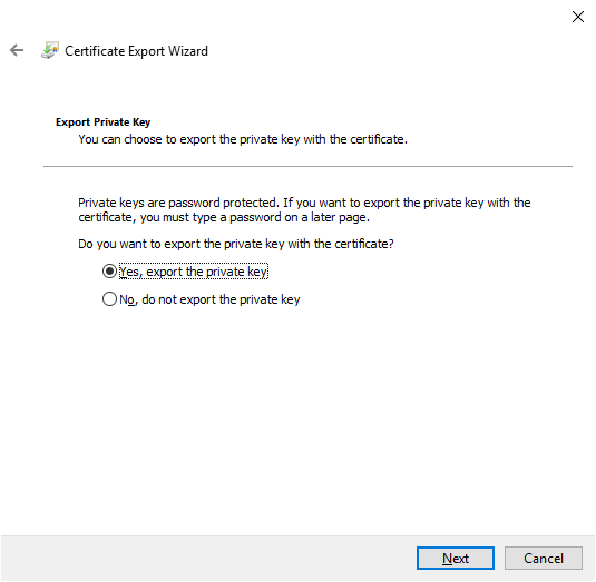 Certificate Export Wizard with exportable private key.