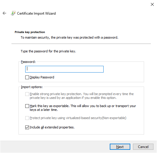 Certificate Import Wizard with a PFX file.