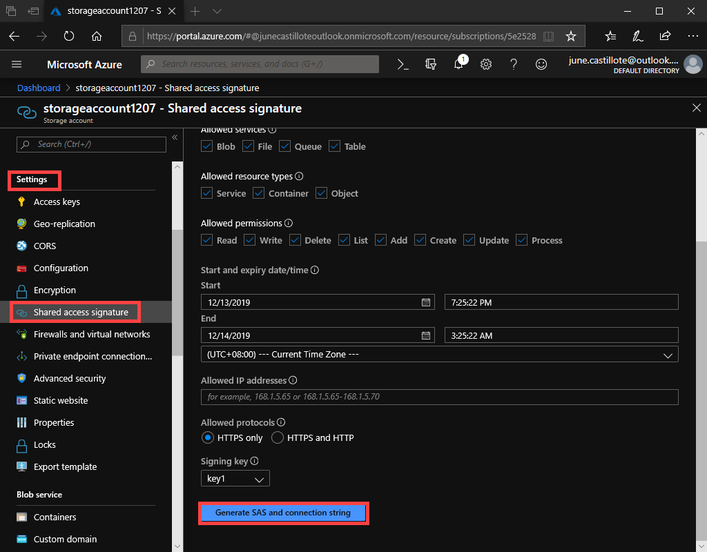 Generating SAS Token from the Azure Portal