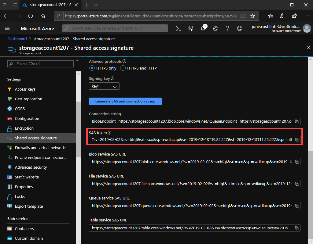 Copying the generated SAS token