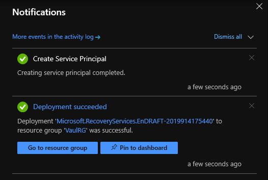 Progress status showing the target resources are created