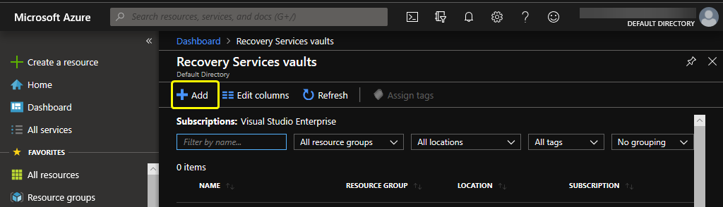 Add a new Recovery Services vault resource