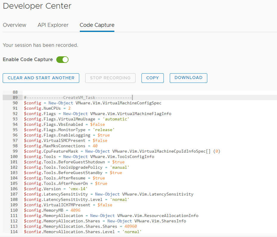 Developer Center generated code