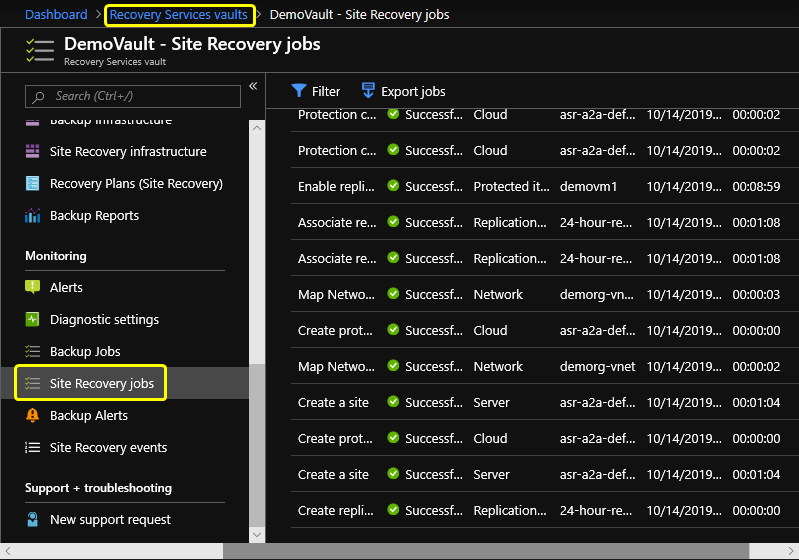 Site Recovery Jobs page showing that the failover process is successful